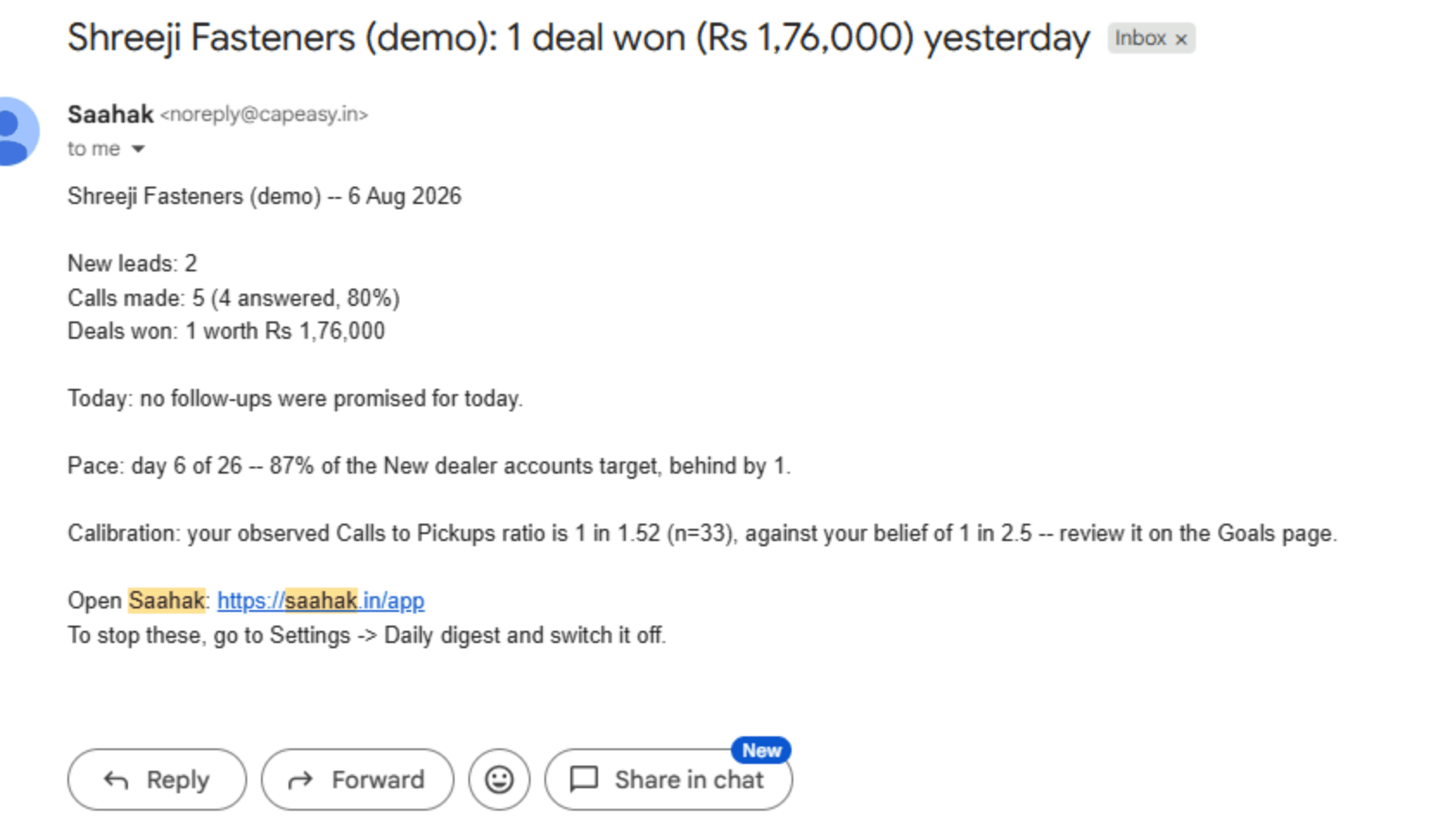 Saahak's daily owner digest email -- yesterday's leads, calls and deals won
