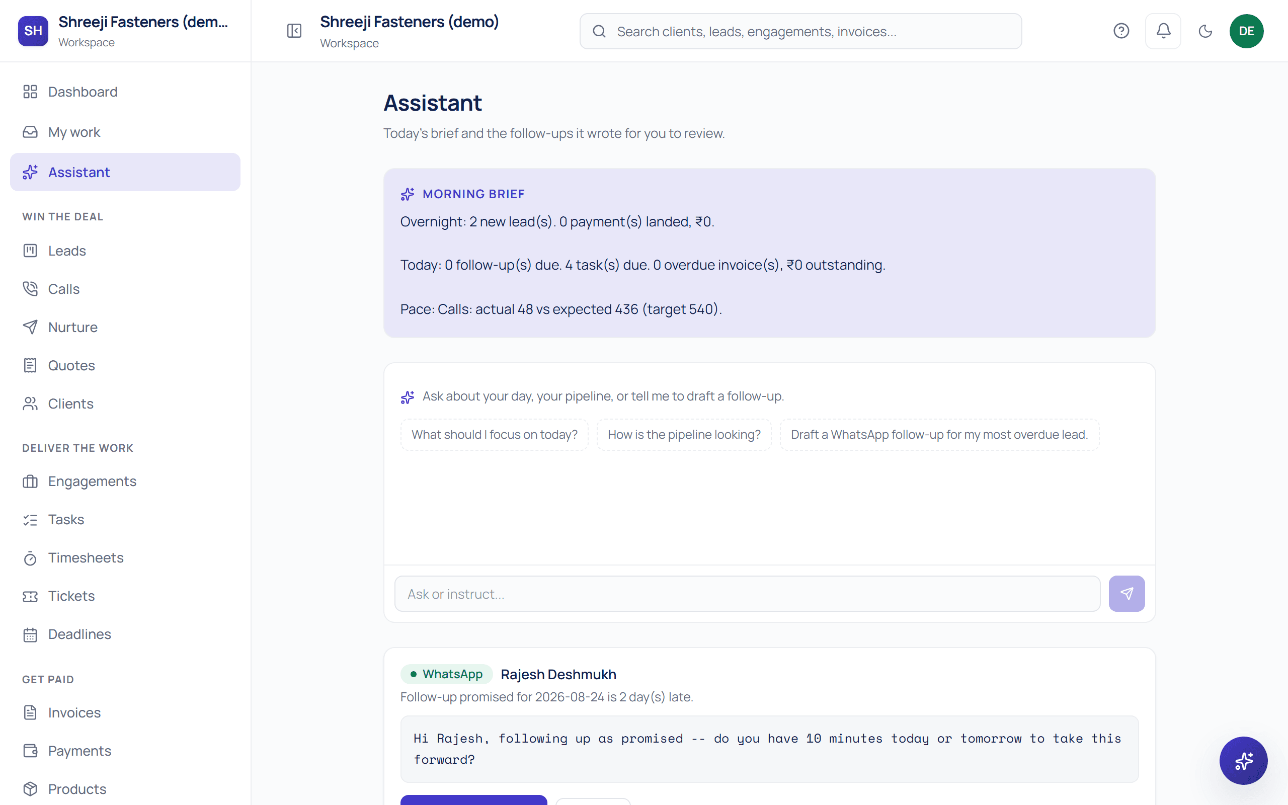 Saahak assistant page: morning brief, chat, and drafted follow-ups awaiting review