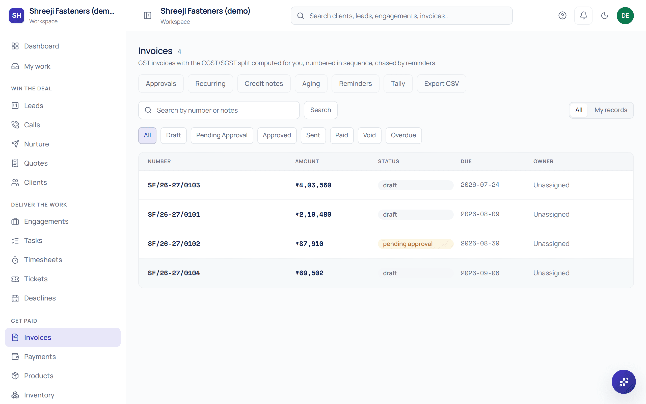 Saahak's invoice list for the demo trader, showing GST invoices with their status and values