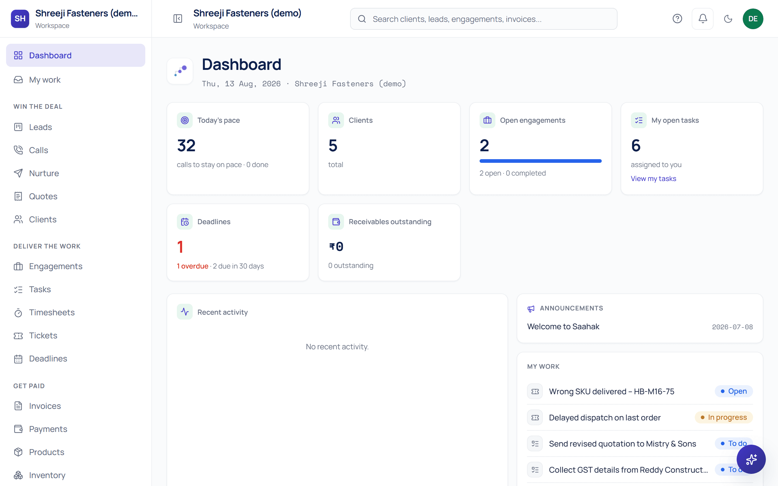 Saahak's dashboard: today's pace, client and engagement counts, overdue deadlines and the shared work queue