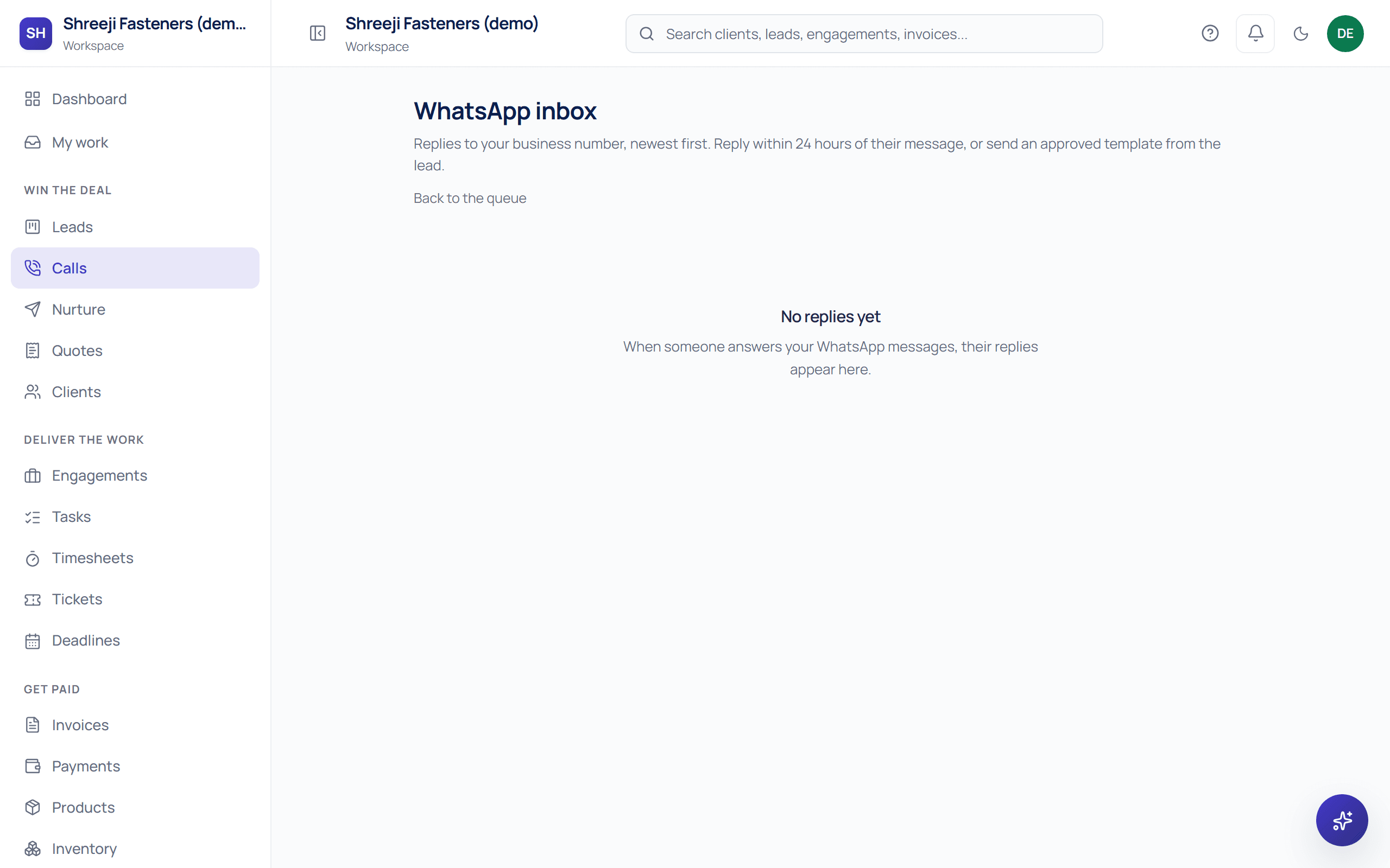 Saahak's WhatsApp inbox, showing the 24-hour reply window and the empty state before a reply arrives